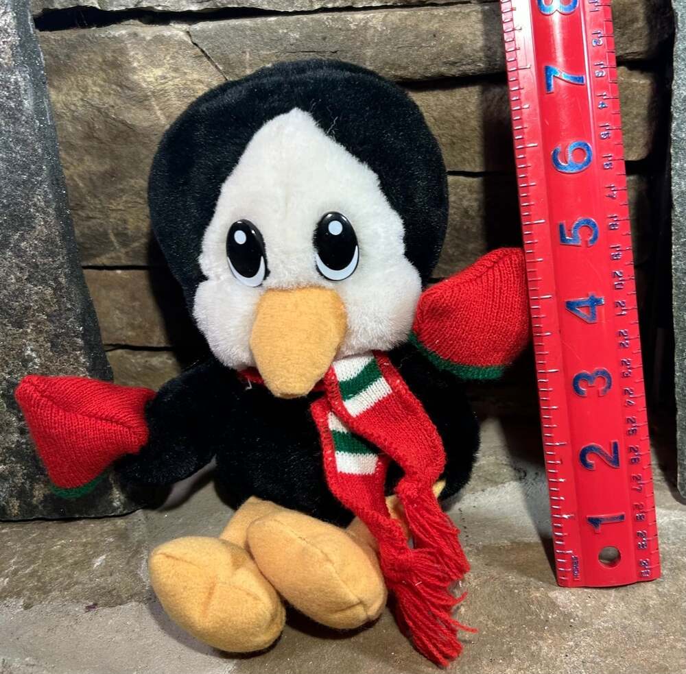 Vintage Applause Penguin with Red , green, white scarf and red mittens!